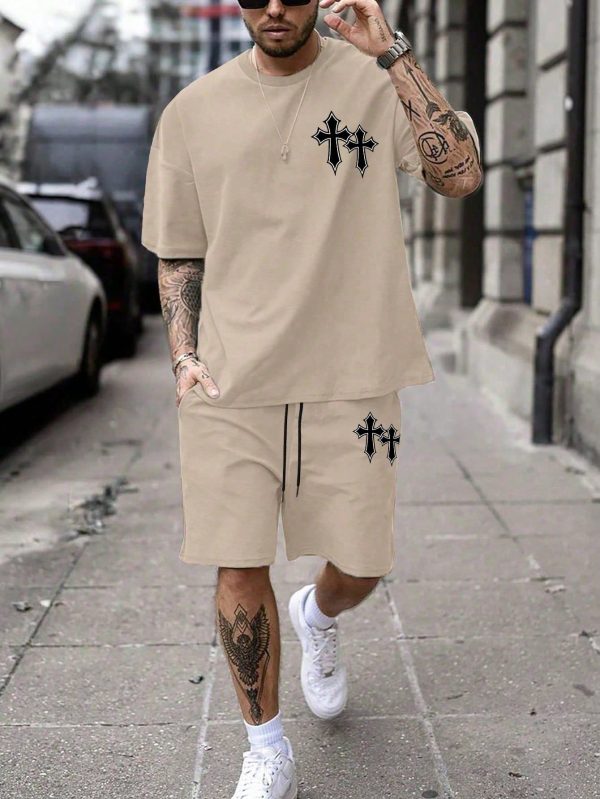 Men's Summer Cross Printed Round Neck Short Sleeve Casual T-Shirt And Drawstring Waist Shorts Set