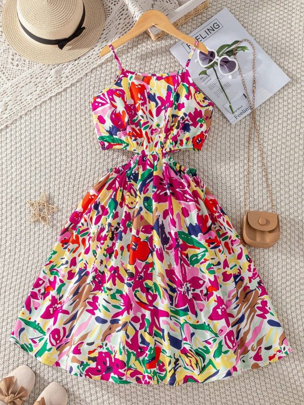 Tween Girl Floral Print Cutout Waist Casual Cami Dress