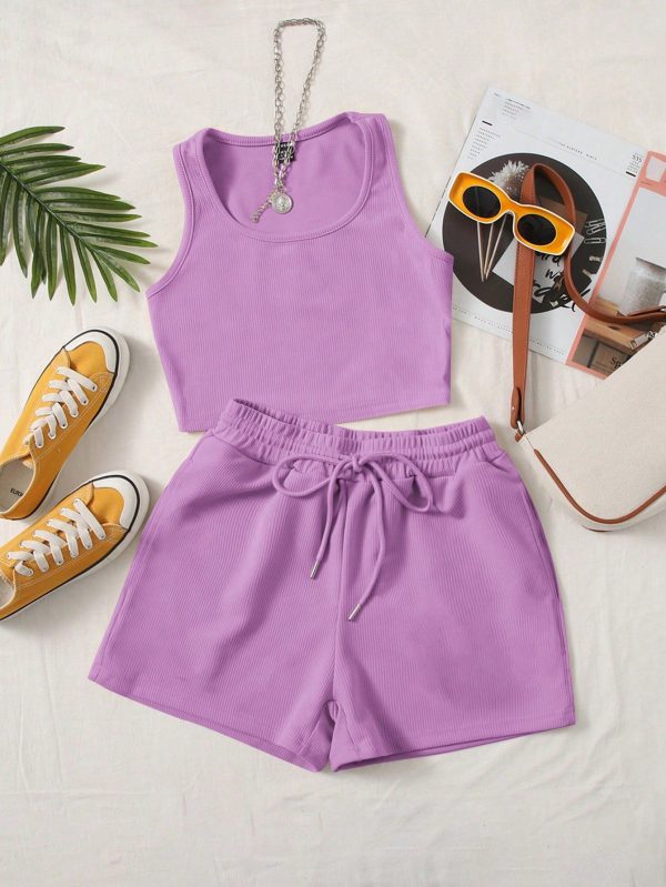 Plus Size Summer Casual Solid Color Tank Top And Shorts 2 Pieces Set