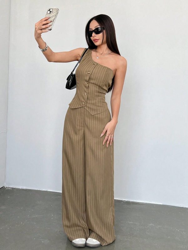 2 Pieces Set Women Casual Beige Stripe Asymmetric Design
