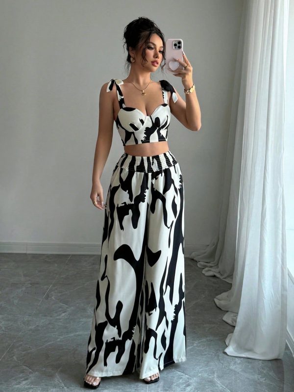 Women's 2Pcs Set: Apricot Floral Print Camisole Top With Tie Detail & Straight Leg Casual Pants, Resort Style