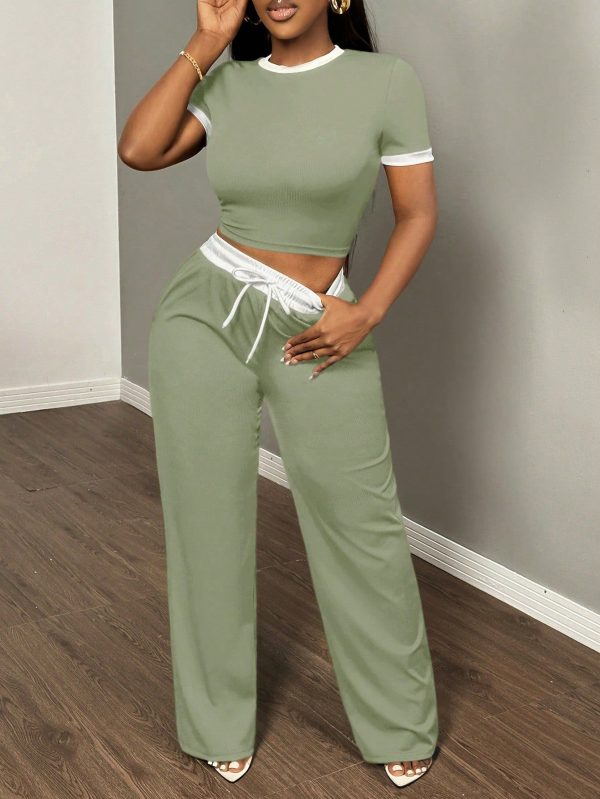 2pcs Contrast Color Trim Round Neck Short Sleeve Top And Drawstring Pants Setfall Clothes Women