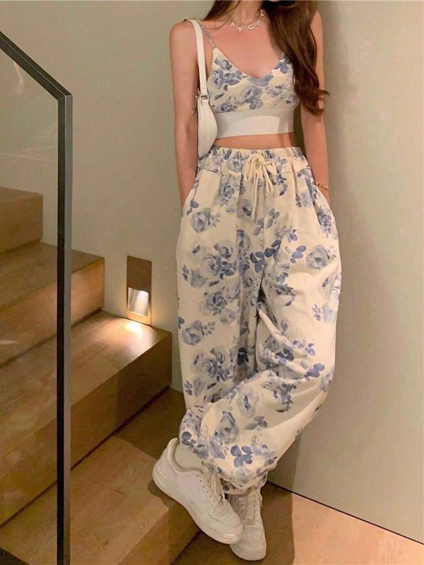 2pcs Set Printed Short Camisole Crop Top And High Waist Wide Leg Pants