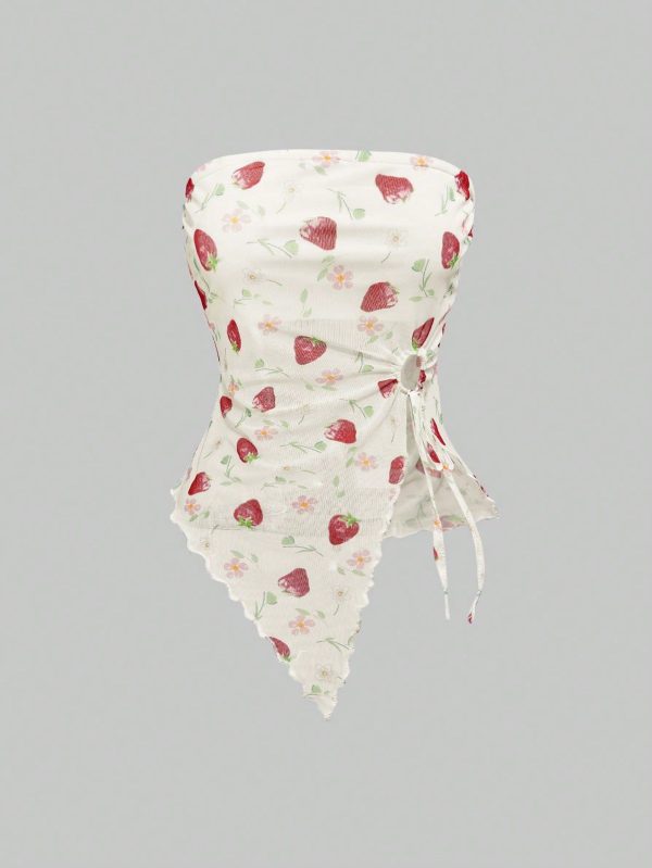 Strawberry Print Asymmetric Hem Summer Tube Top, Y2K Style, Mesh Fabric