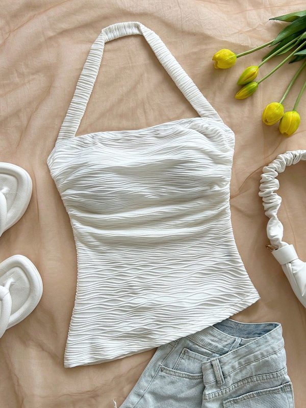 Women's Vacation Beige Knit Texture Halter Neck Fitted Side Ruched Asymmetric Hem Stylish Slim Tank Top, Suitable For Party, Street, Afternoon Tea
