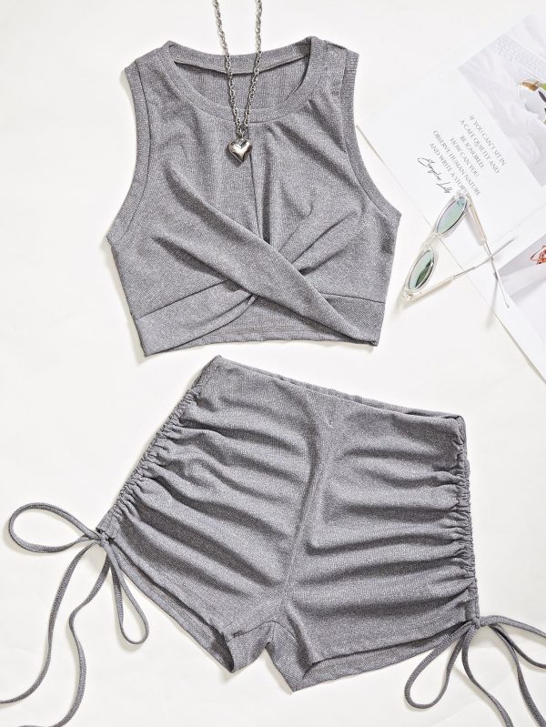 Solid Twist Front Crop Tank Top & Shorts