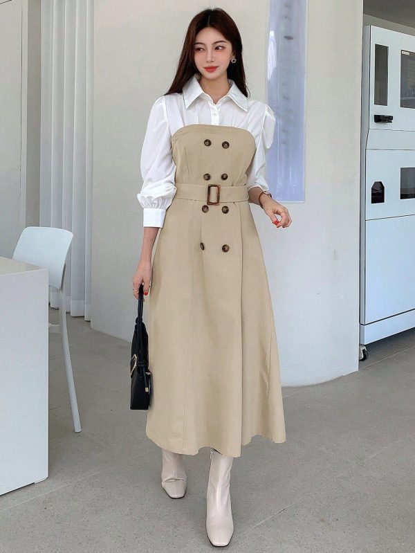 Two Tone Double Breasted Belted 2 In 1 Dress