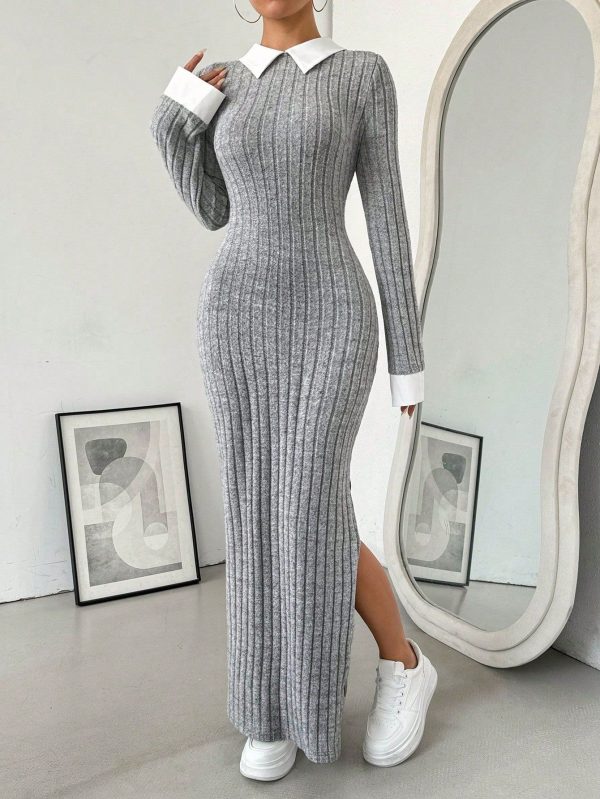 Women Elegant Color Block Long Sleeve Slit Fitted Dress Maxi Women Outfit