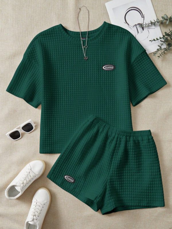 Women's Letter Patch Short Sleeve T-Shirt And Shorts Knitted Set