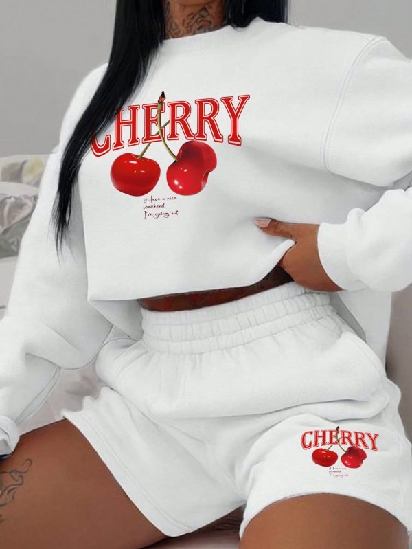 2pcs Women's Casual Cherry Print Crew Neck Loose Fit Sweatsuit For Spring & Fall