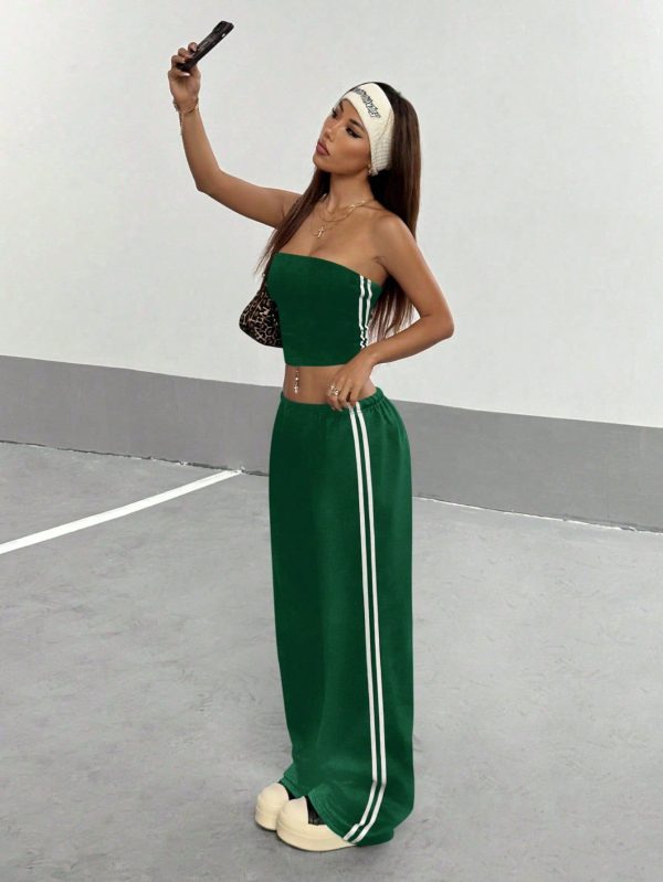 2pcs/Set Women Crop Top Camisole With Side Striped Band And Drawstring Waist Loose Sports Pants
