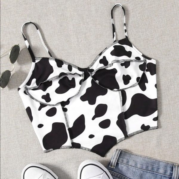 Shein Tops | Cow Print Contrast Stitch Asymmetrical Hem Cami Crop Top | Color: Black/White | Size: Xs