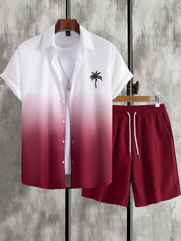 2pcs/Set Men's Coconut Tree Ombre Print Short Sleeve Shirt + Shorts