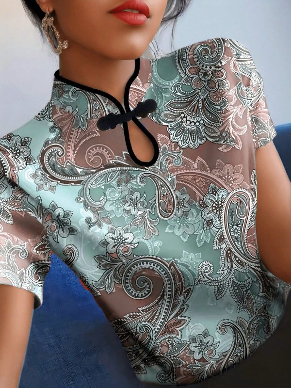 Vintage Cheongsam Style Blouse For Women, New Spring/Summer Chinese Print Floral Pattern Fitted Short Sleeve Top