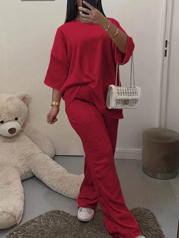 Women's Solid Color Round Neck Camisole And Long Pants Casual 2pcs Set, Summer