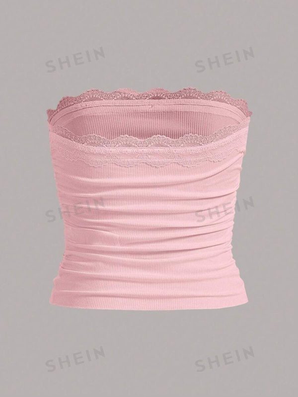 Sweetina Summer Going Out Lace Ruched Bow Front Tube Pink Top
