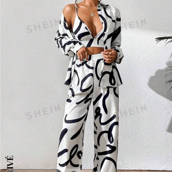 Shein Other | Priv Allover Print Shirt & Wide Leg Pants & Cami Top | Color: Black/White | Size: Medium
