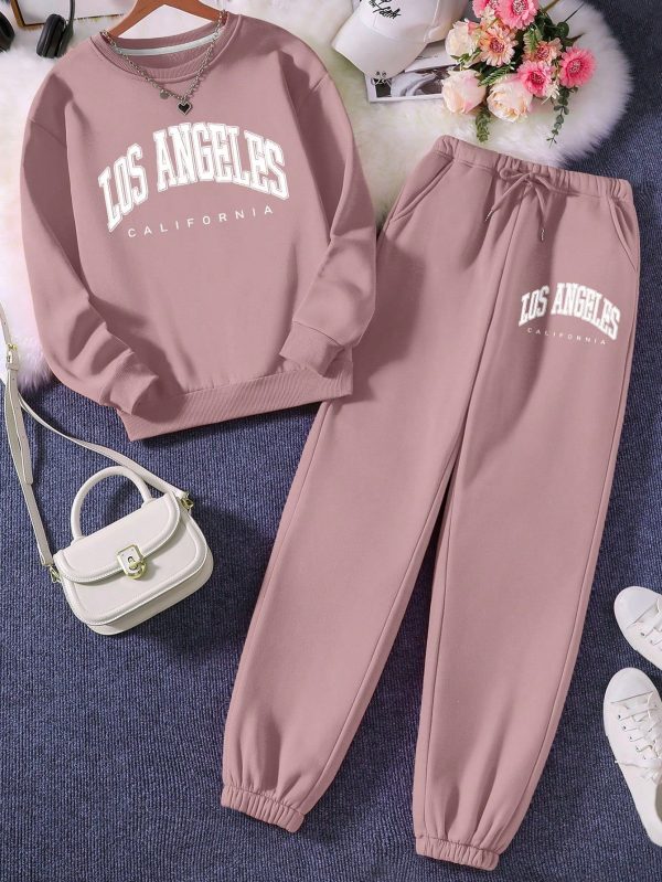 Women'S Letter Printed Round Neck Sweatshirt And Sweatpants Set