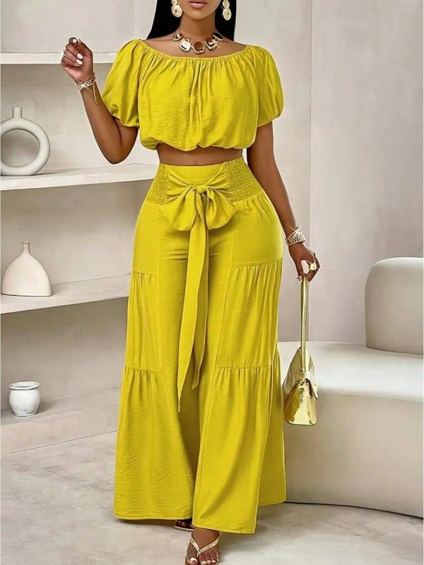 Women's Casual Solid Color Short Sleeve Top + Drawstring Waist Long Pants 2 Pieces Set, Summer Outfits For Women