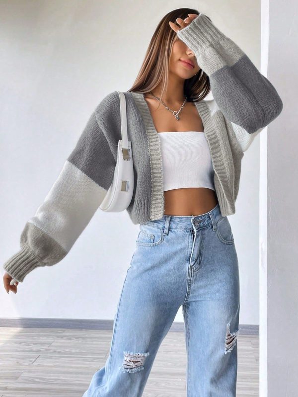 Oversized Color Block Long Sleeve Cardigan,Long Sleeve Tops