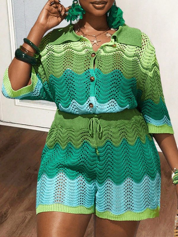 Multicolor Wave Pattern Short Sleeve Top And Shorts Set, Spring/Summer