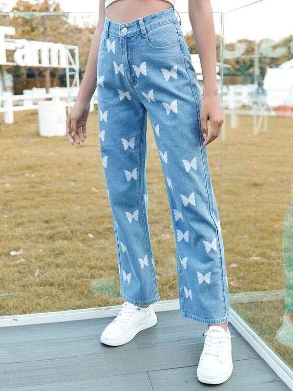 Womens Light Blue Denim High Waisted Pants With White Butterflies Size Small