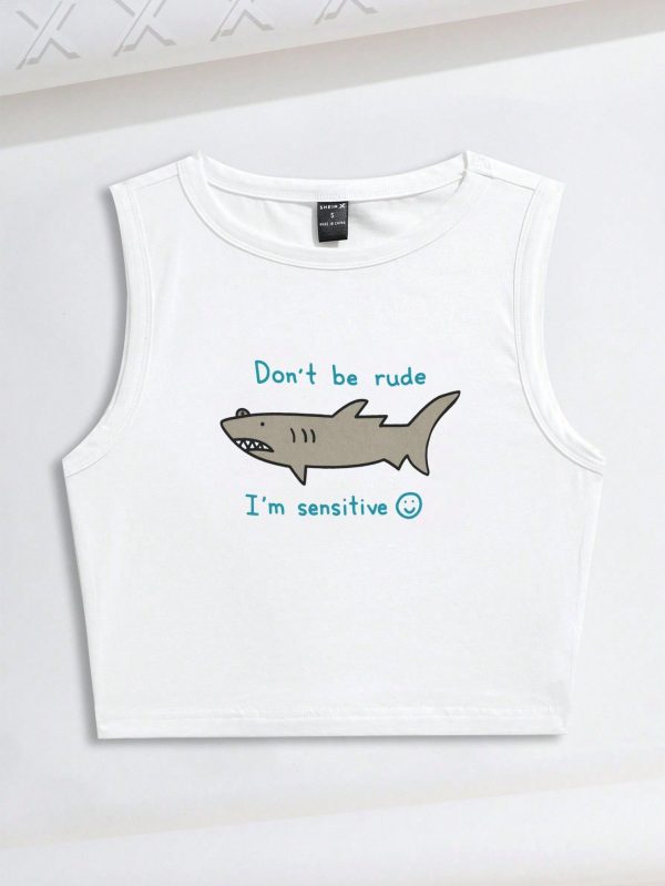 Artist Slogan & Shark Graphic Crop Tank Top Don't Be Rude I'm Sensitive, Women 95% Cotton Sleeveless Top, For Summer, Holiday, Vacation, Beach, Going Out, Festival, Ibiza Fits, Western Wear