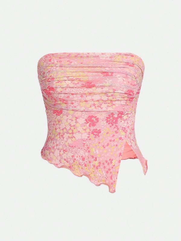 Teen Girls' Knitted Mesh Floral Pattern Crop Top With Split Hem, Ruched Bust