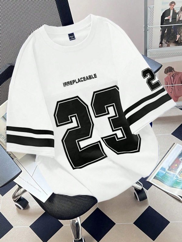 Men's Crew Neck Letter & Striped Printed Short Sleeve Casual T-Shirt, Summer