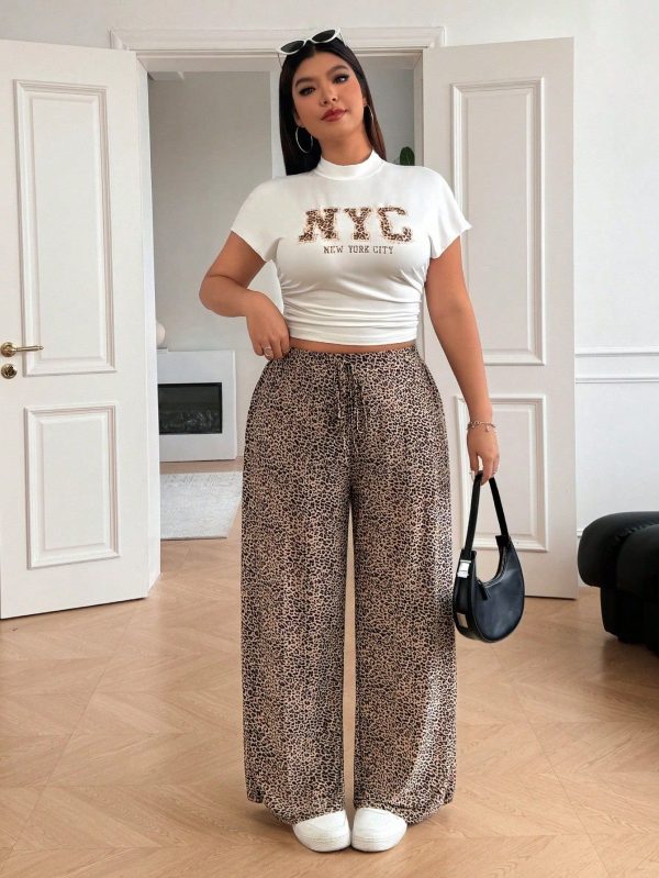 2pcs/Set Plus Size White T-Shirt With Letter Print And Leopard Patterned Pants