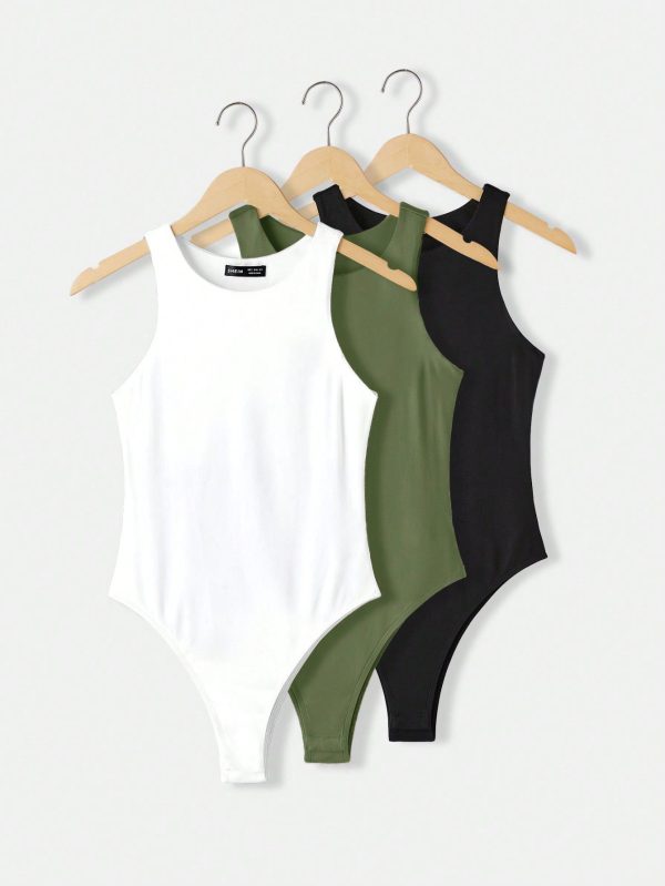 3pcs/Set Women Casual Crew Neck Sleeveless Fitted Solid Color Knit Bodysuit