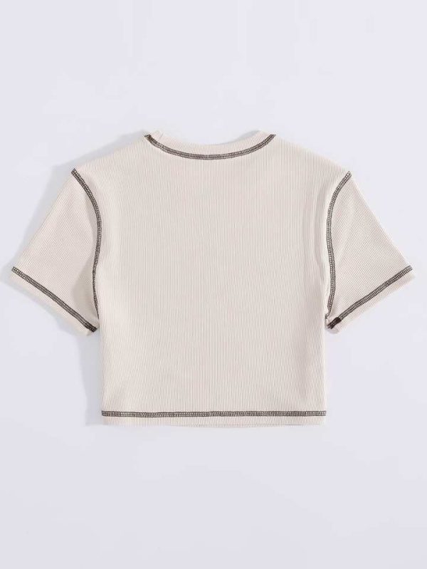 Flirla Heart Print Rib-Knit Crop Tee, Baby Tee For Women Graphic Tees Women Tops