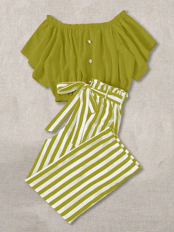 2024 New Summer Plus Size Women's Two-Piece Set Striped Printed Two-Piece Short Sleeve Set