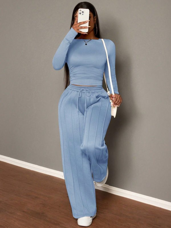 Women's Brown Drawstring Casual Straight-Leg Sports Sweatpants & Solid Color Ribbed Long Sleeve T-Shirt, 2pcs Set, Autumn/Winter