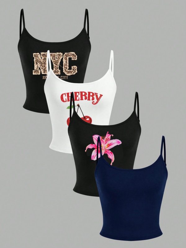 4pcs Set Women Summer Cherry Blossom Floral Print Casual Cropped Camisole Tank Top, Suitable For Vacation