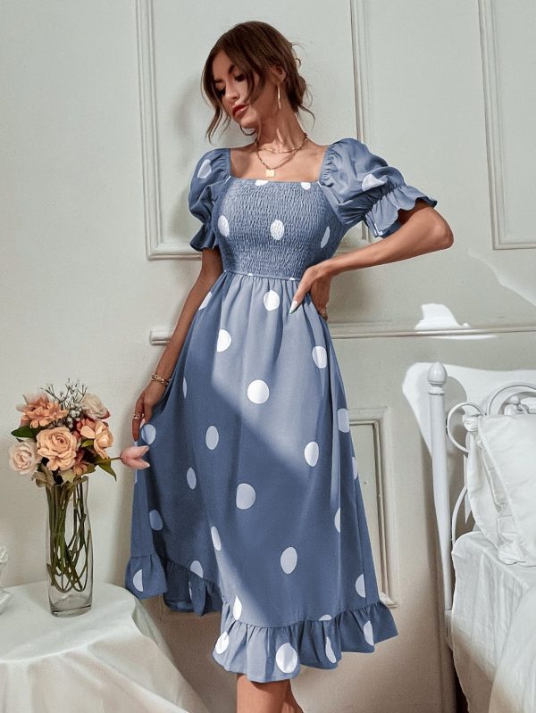 Polka Dot Print Puff Sleeve Shirred Ruffle Hem Dress Maxi Women Outfit