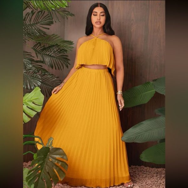 Shein Skirts | Shein Sxy Solid Pleated Halter Top & Skirt | Color: Gold/Yellow | Size: M