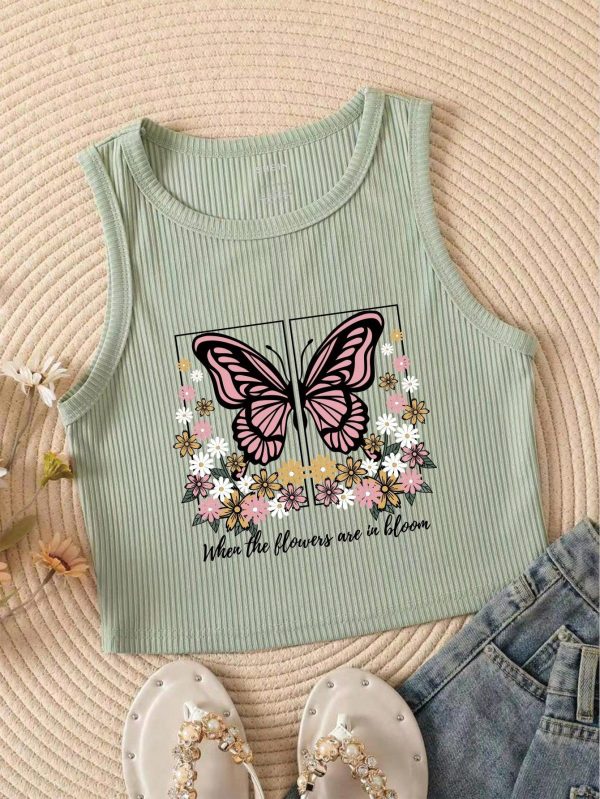 Butterfly & Slogan Graphic Ribbed Knit Tank Top When The Flowers Are In Bloom