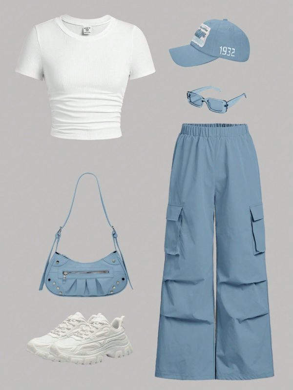 2pcs/Set Casual Solid Color Ruched Bodycon T-Shirt And Cargo Pants Outfit