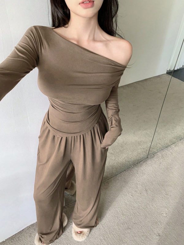 Women's Asymmetrical Shoulder Ruched T-Shirt And Wide-Leg Pants Set
