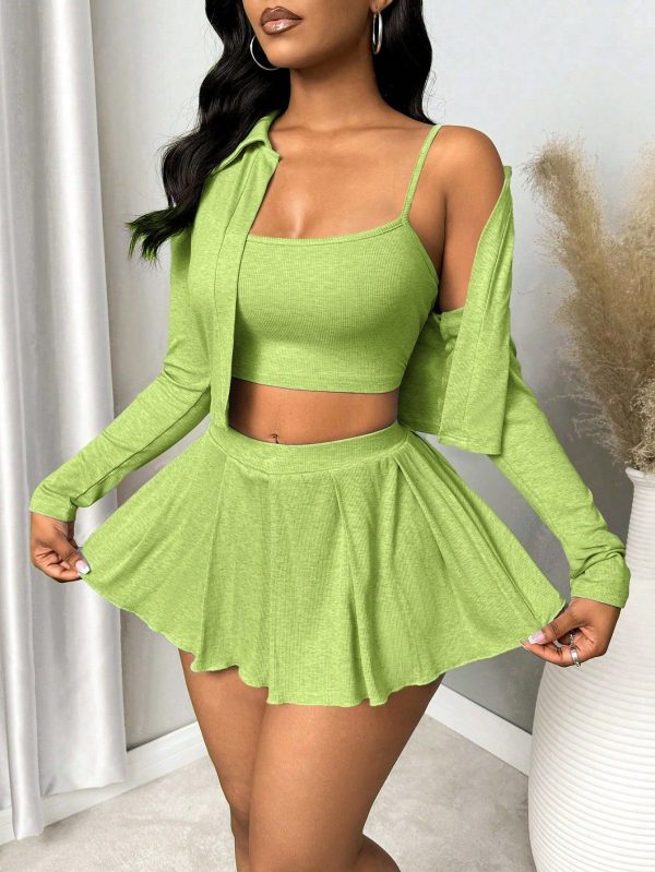 3pcs Women Solid Color Minimalist Casual Outfit Set (Top & Dress)