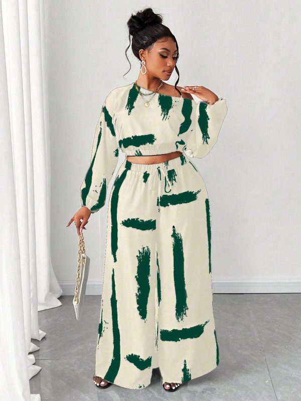 Plus Size Fashion Printed Asymmetric Neck Long Sleeve 2 Pieces Set