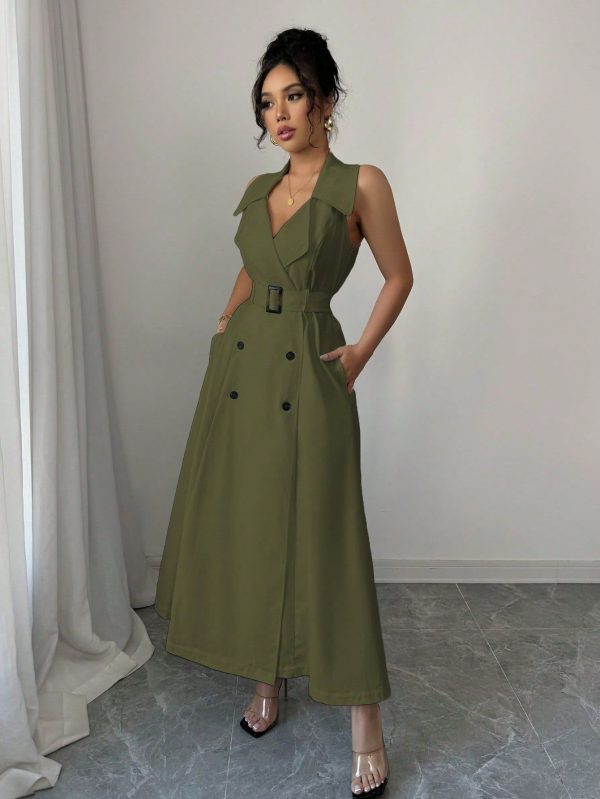 Women's Spring/Summer French-Style Elegant Casual Resort Commute Holiday Solid Color Lapel Collar Double-Breasted Waisted A-Line Long Sleeveless Dress