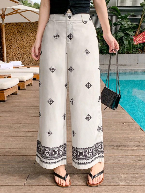 All-Over Floral Print Contrast Color Straight Leg Ankle Pants, Women Spring/Summer Vacation