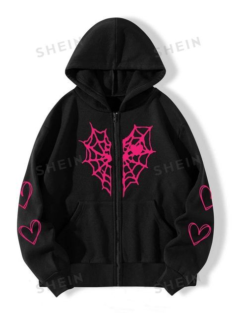 Flirla Spider Web & Heart Print Zipper Thermal Hoodie
