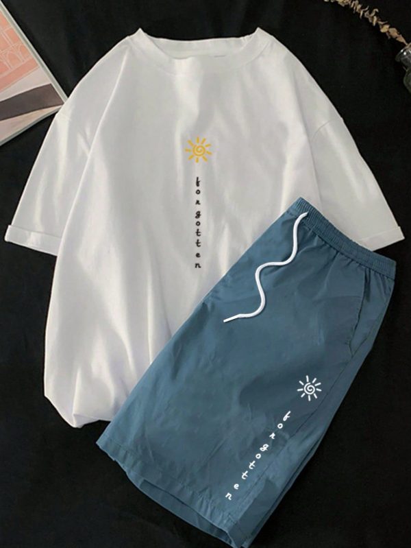 Men Sun & Letter Graphic Short Sleeve Tee & Shorts, Going Out