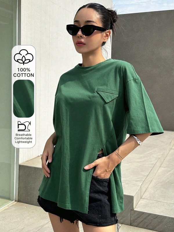 Flap Detail Drop Shoulder Split Hem Tee