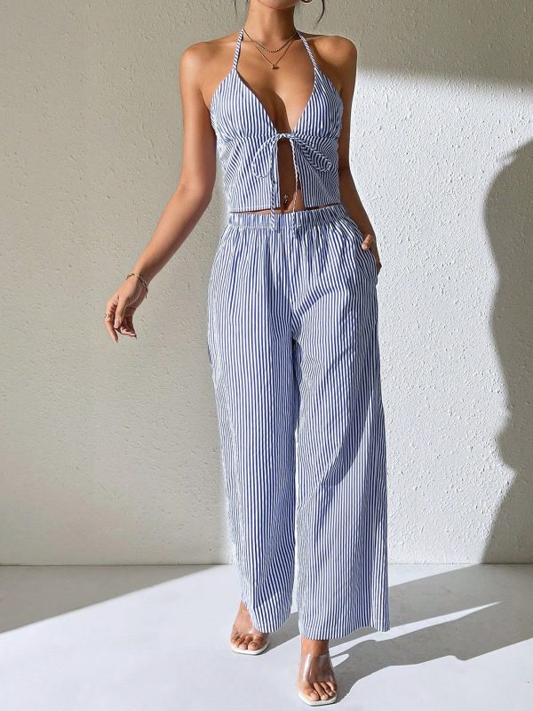 2pcs/Set Striped Halter Neck Tank Top And Pocket Wide Leg Pants