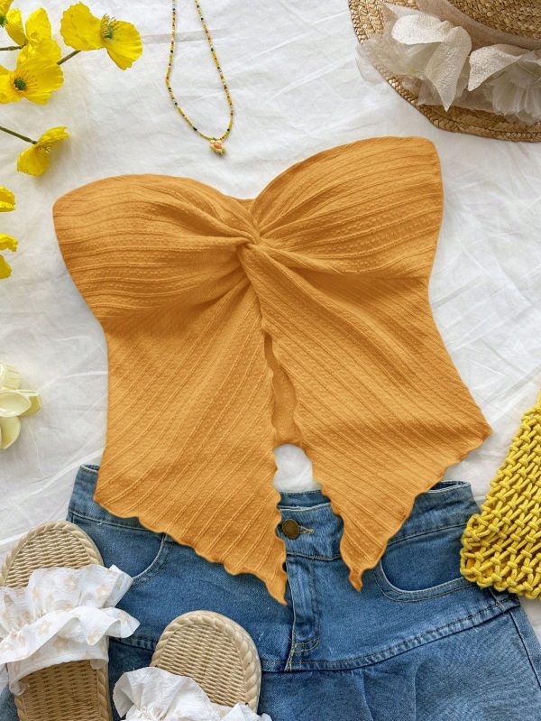 Women Orange Knit Textured Twist Front Cropped Top With Side Slit, Suitable For Casual, Party, Tea Time In Autumn/Winter