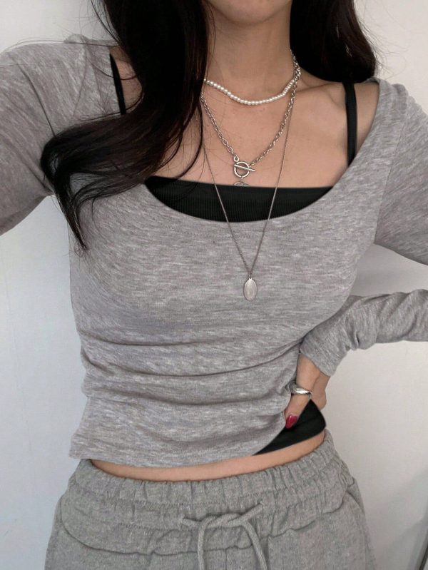 2pcs Women Solid Color Long Sleeve T-Shirt And Spaghetti Strap Tank Top Set
